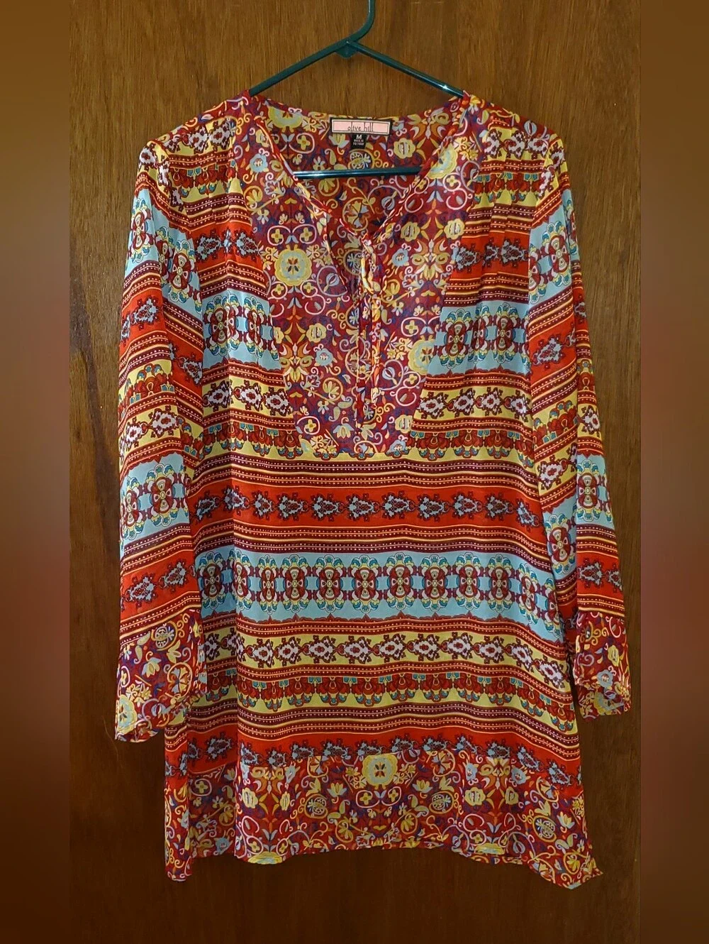 Olive Hill Bohemian Semi Sheer Multi-Stripe V-Neck Tunic Top Sz Medium